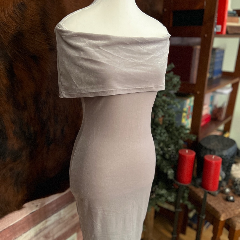Silver velvet off the shoulder midi dress